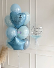 Фонтан из воздушных шаров с надписью на Выписку мальчику