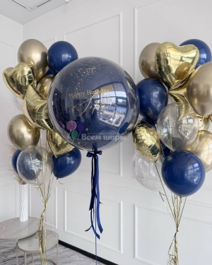 Шары для девушки на день рождения синие и золотые