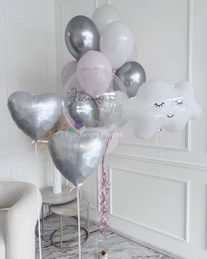 Шары на выписку для девочки с сердцами и облаками