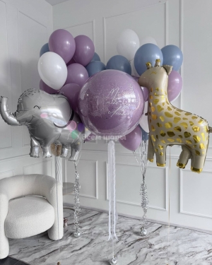 Шары на выписку для девочки с жирафиком и слоном