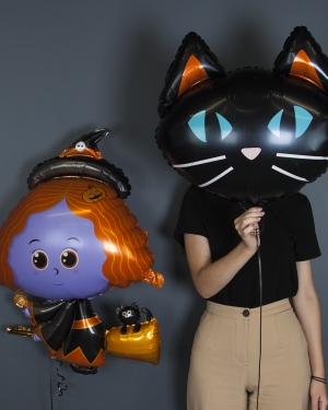 Шары "Ведьмочка на метле и черная кошка"