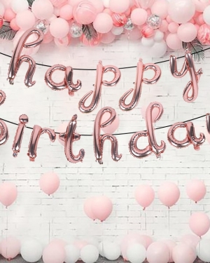 Буквы из фольги Мини-Надпись Happy Birthday (курсив), Розовое Золотов