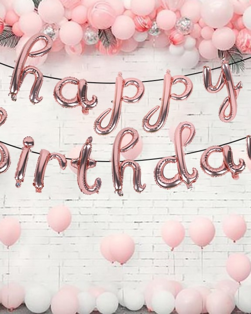 Набор шаров-букв из фольги Мини-Надпись Happy Birthday (курсив), Розовое Золотов