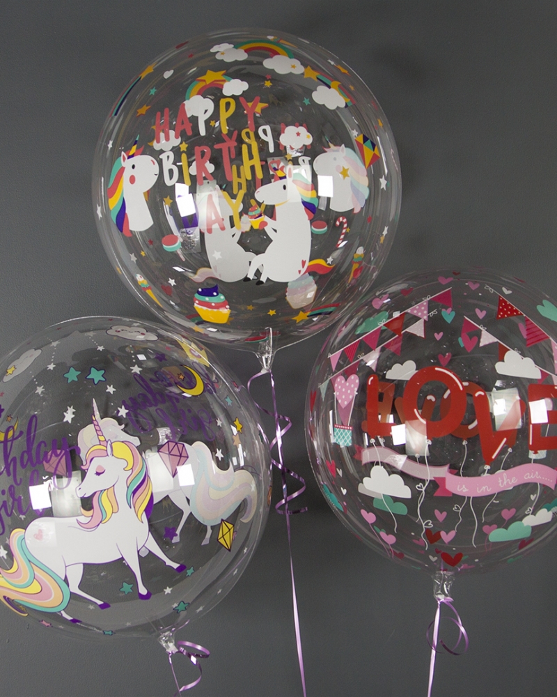 Шар с клапаном Deco Bubble, Единороги, Прозрачный