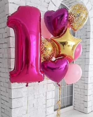Шары на годик  "Золотое Фуше с конфетти" 