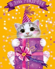 Открытка, В День Рождения (котенок с подарком), 12*18 см, 1 шт.