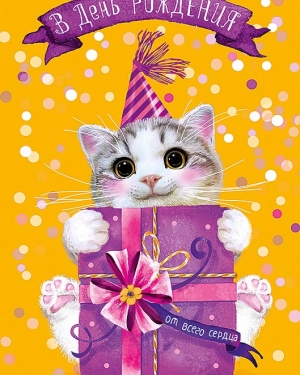 Открытка, В День Рождения (котенок с подарком), 12*18 см, 1 шт.